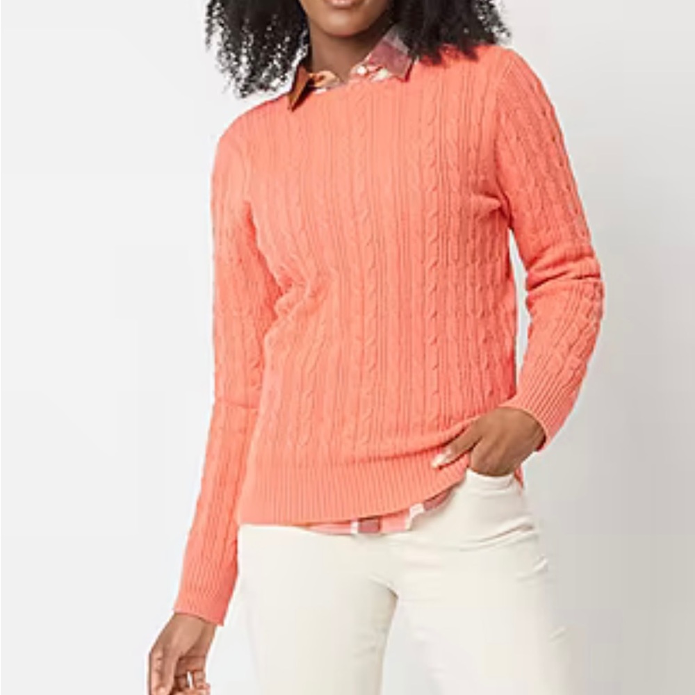 St. John's Bay XL Womens Cable Knit Sweater Long Sleeve V Neck Salmon Coral New